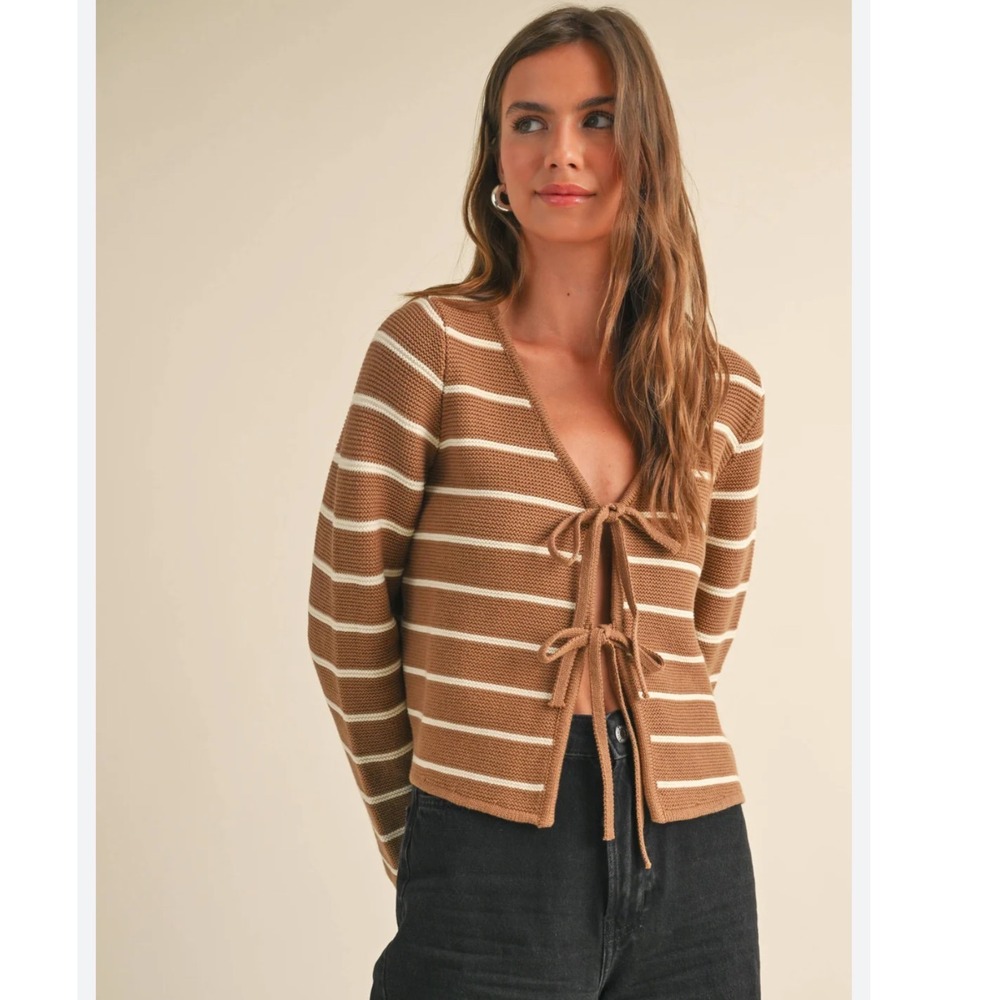 Miou Muse Brown‎ Striped Tied Front Cardigan Mocha Large